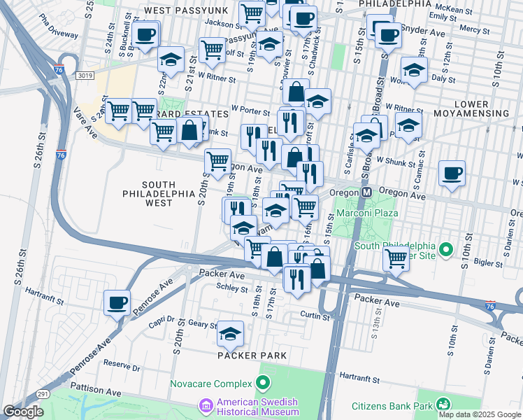 map of restaurants, bars, coffee shops, grocery stores, and more near 1746 Stocker Street in Philadelphia