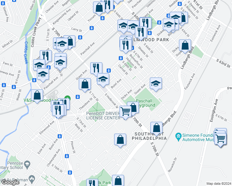 map of restaurants, bars, coffee shops, grocery stores, and more near 2628 Sylmar Street in Philadelphia