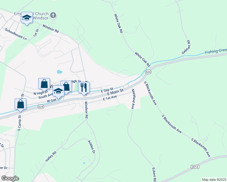 map of restaurants, bars, coffee shops, grocery stores, and more near 72 East Main Street in Windsor