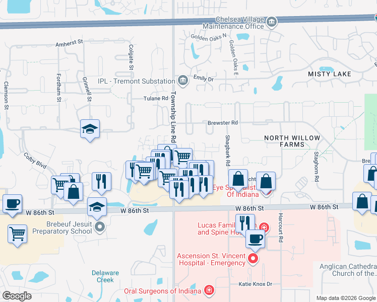 map of restaurants, bars, coffee shops, grocery stores, and more near 8845 Township Line Road in Indianapolis