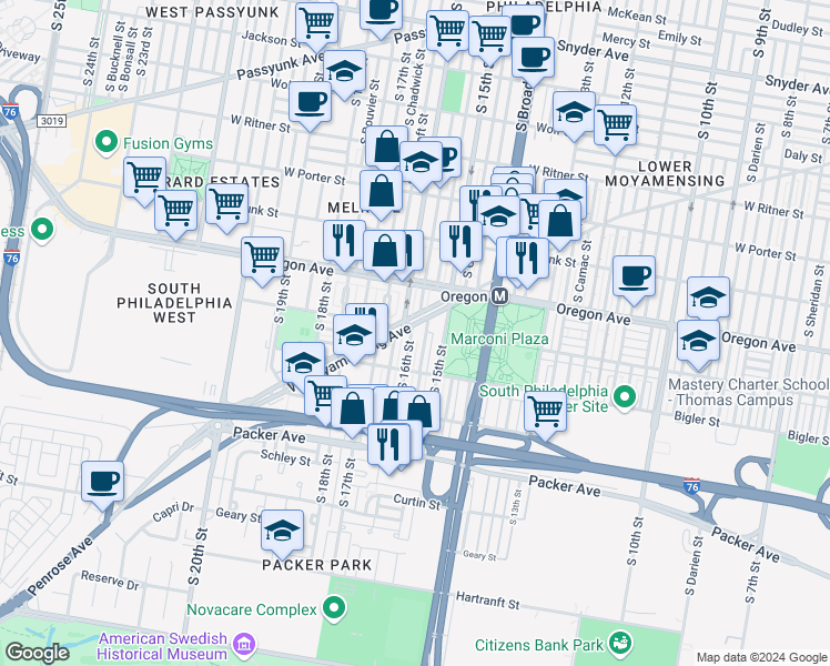 map of restaurants, bars, coffee shops, grocery stores, and more near 2803 South 16th Street in Philadelphia