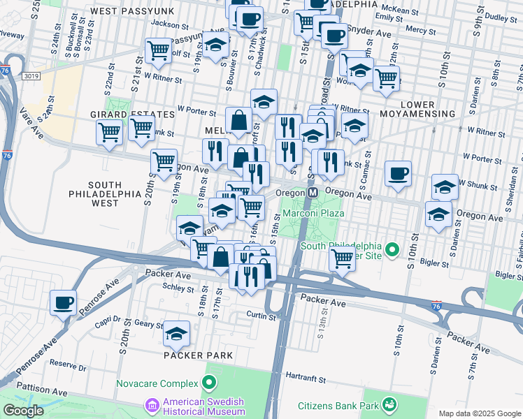 map of restaurants, bars, coffee shops, grocery stores, and more near 2803 South 16th Street in Philadelphia