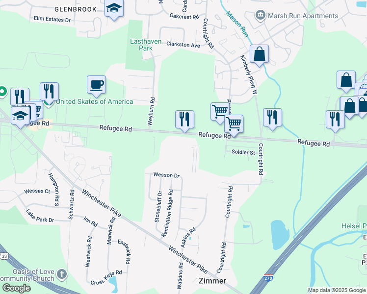 map of restaurants, bars, coffee shops, grocery stores, and more near 3593 Refugee Road in Columbus