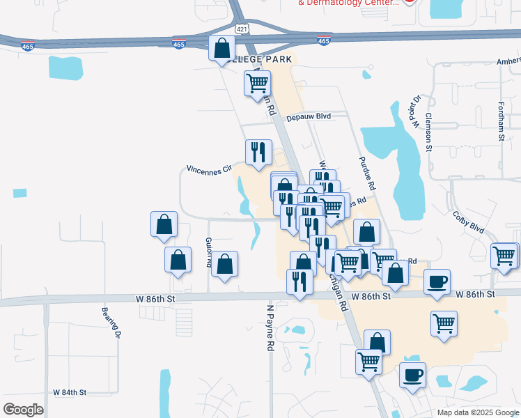 map of restaurants, bars, coffee shops, grocery stores, and more near 3912 Vincennes Road in Indianapolis