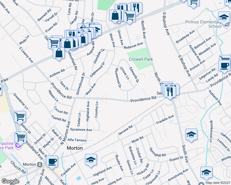 map of restaurants, bars, coffee shops, grocery stores, and more near 1036 Westwood Drive in Springfield