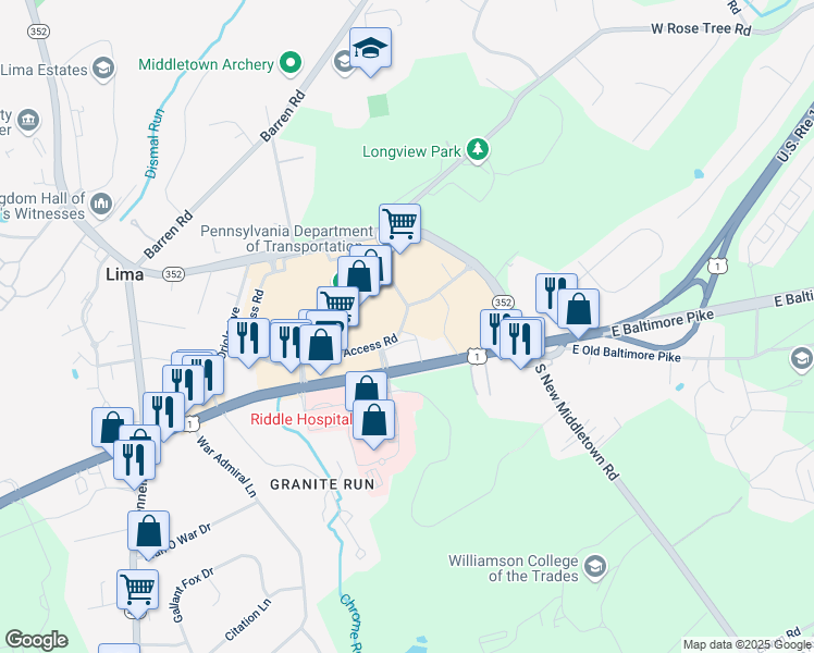map of restaurants, bars, coffee shops, grocery stores, and more near 221 Grant Crossing in Media