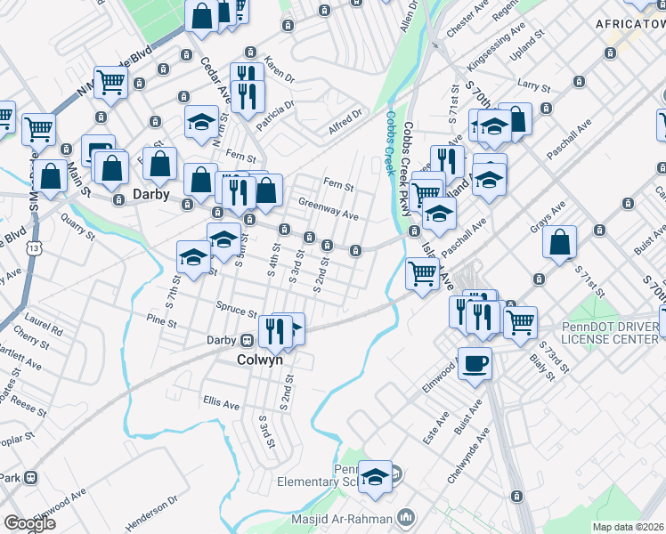 map of restaurants, bars, coffee shops, grocery stores, and more near 124 Main Street in Darby