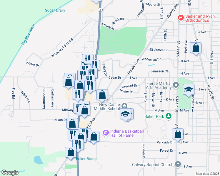 map of restaurants, bars, coffee shops, grocery stores, and more near 501 Cedar Drive in New Castle