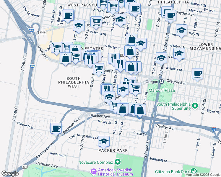map of restaurants, bars, coffee shops, grocery stores, and more near 1800 Johnston Street in Philadelphia