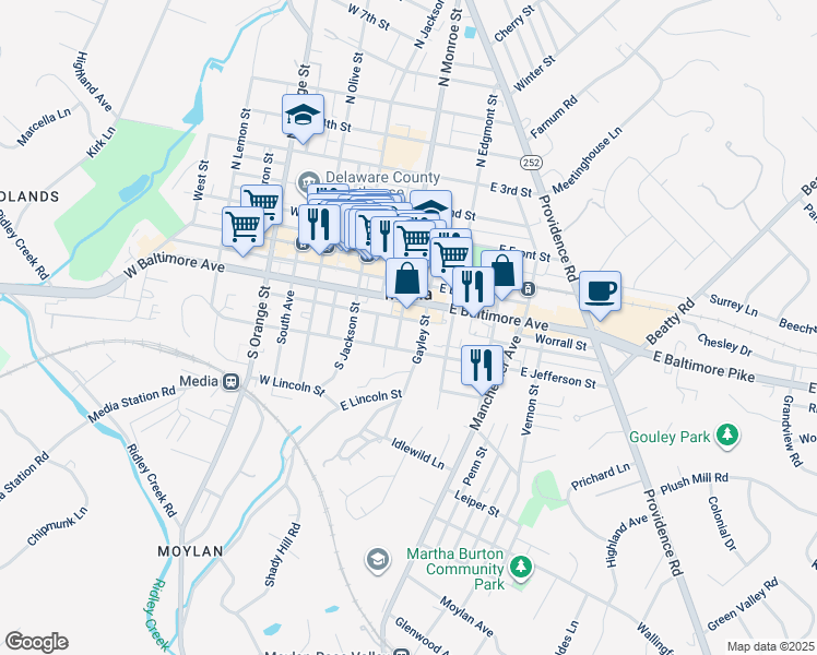 map of restaurants, bars, coffee shops, grocery stores, and more near 106 East Franklin Street in Media
