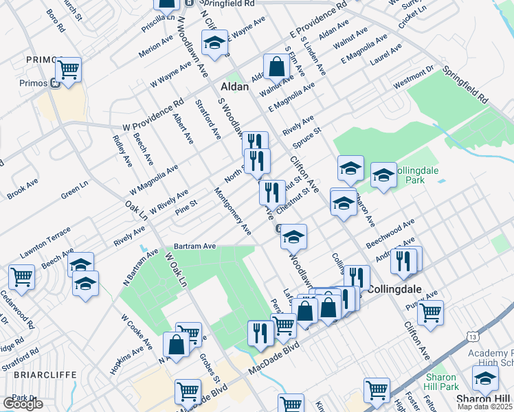 map of restaurants, bars, coffee shops, grocery stores, and more near 1003 Walnut Street in Collingdale