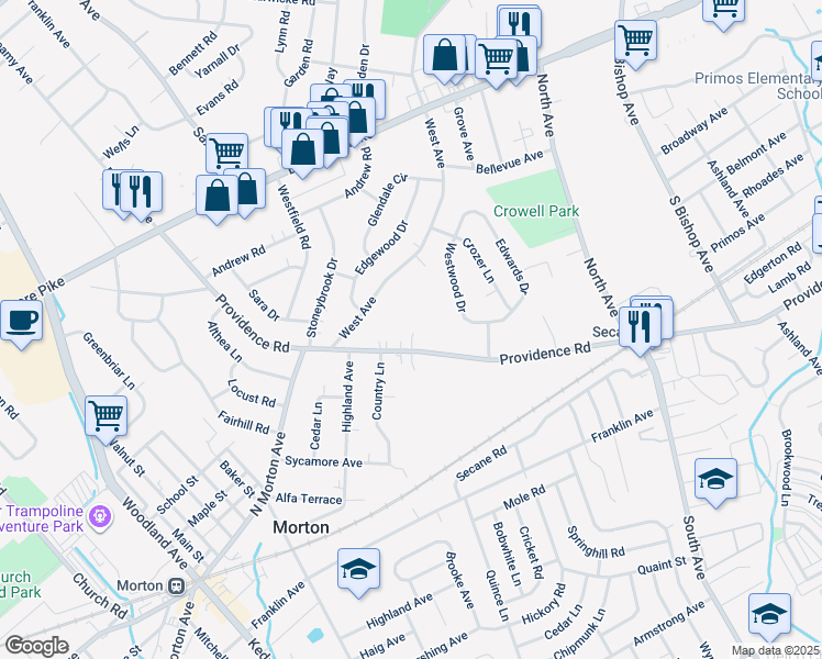map of restaurants, bars, coffee shops, grocery stores, and more near 1159 Providence Road in Springfield