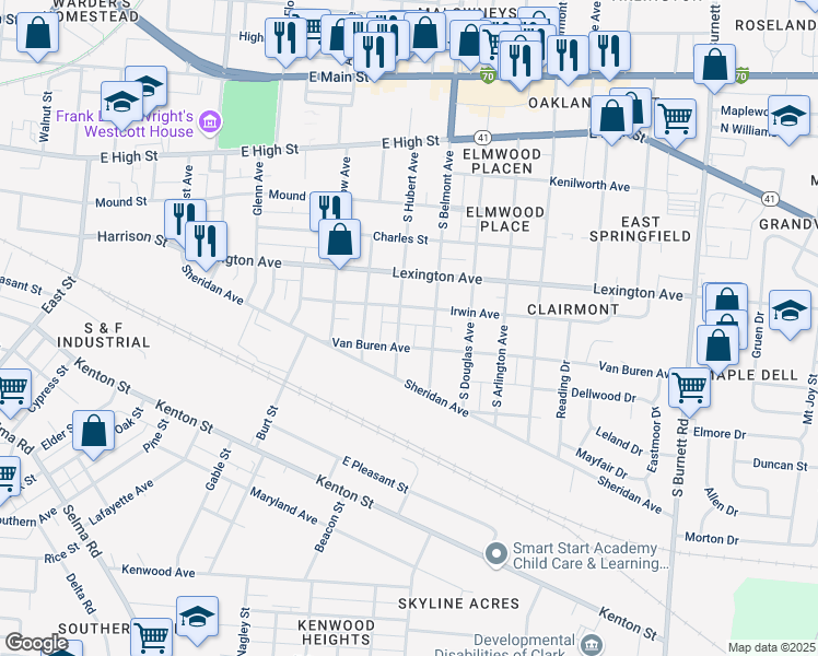 map of restaurants, bars, coffee shops, grocery stores, and more near 423 South Belmont Avenue in Springfield