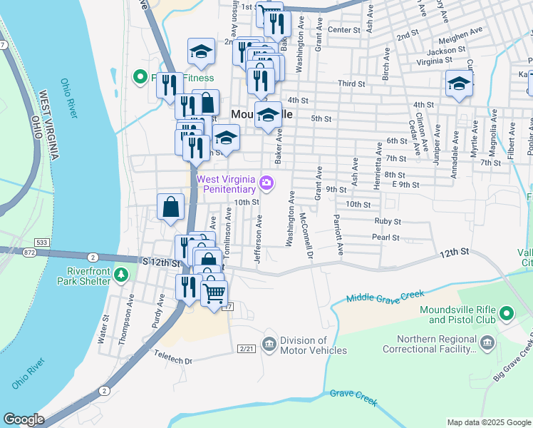 map of restaurants, bars, coffee shops, grocery stores, and more near 818 Jefferson Avenue in Moundsville