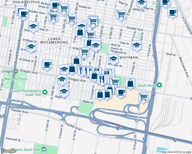 map of restaurants, bars, coffee shops, grocery stores, and more near 2628 South Fairhill Street in Philadelphia