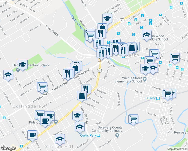 map of restaurants, bars, coffee shops, grocery stores, and more near 103 Pusey Avenue in Collingdale
