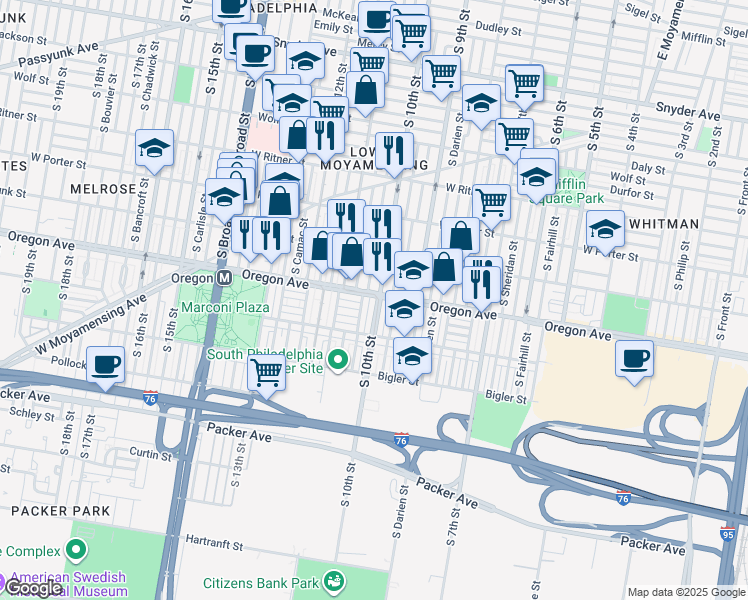 map of restaurants, bars, coffee shops, grocery stores, and more near 2640 South Alder Street in Philadelphia