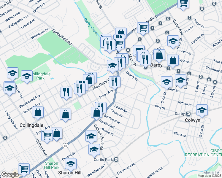 map of restaurants, bars, coffee shops, grocery stores, and more near 103 Pusey Avenue in Collingdale