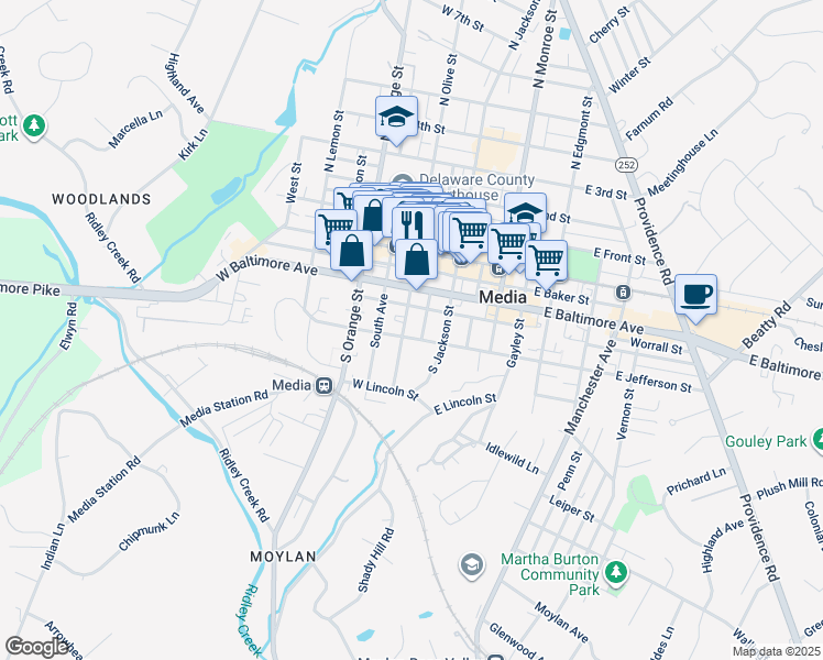 map of restaurants, bars, coffee shops, grocery stores, and more near 321 S Olive St in Media