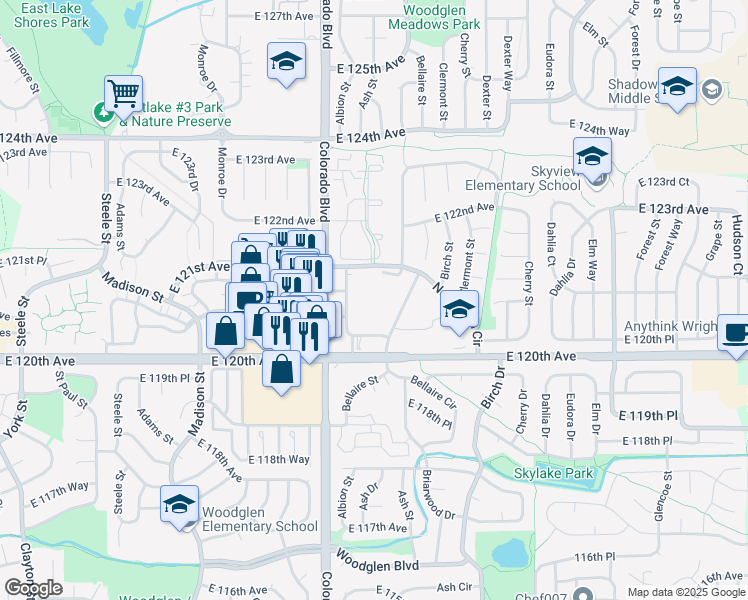 map of restaurants, bars, coffee shops, grocery stores, and more near 12090 Colorado Boulevard in Thornton