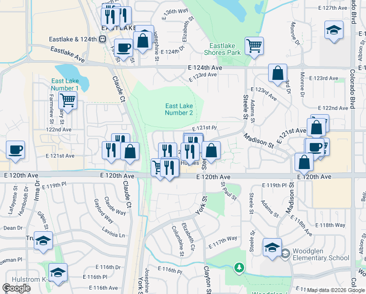 map of restaurants, bars, coffee shops, grocery stores, and more near 12126 Elizabeth Street in Thornton