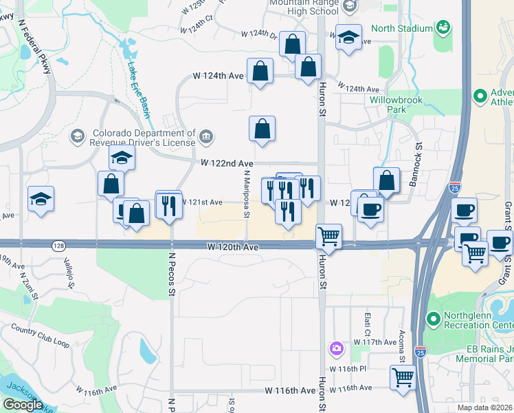 map of restaurants, bars, coffee shops, grocery stores, and more near 12129 North Mariposa Street in Westminster