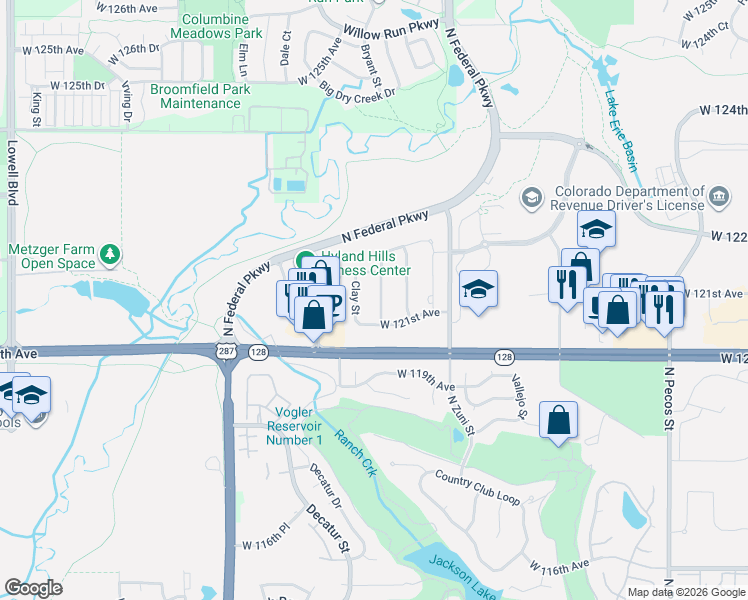 map of restaurants, bars, coffee shops, grocery stores, and more near 12134 Clay Street in Westminster