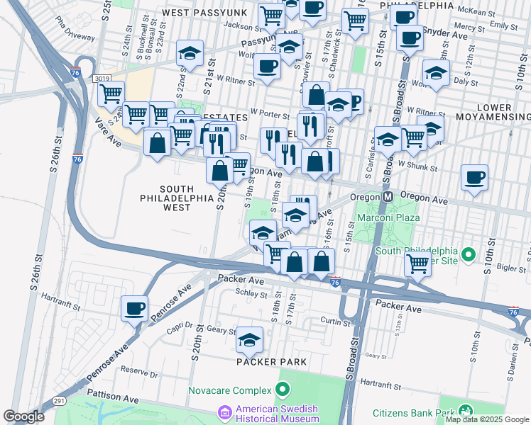 map of restaurants, bars, coffee shops, grocery stores, and more near 2749 South Cleveland Street in Philadelphia