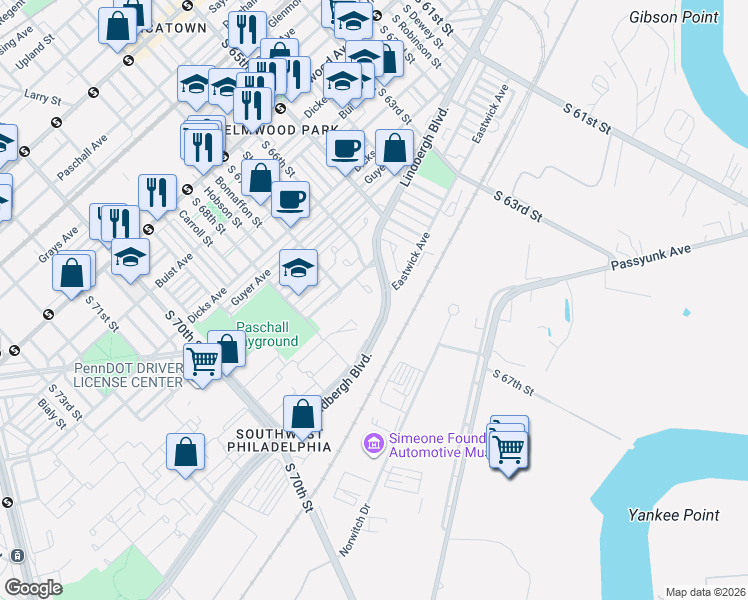 map of restaurants, bars, coffee shops, grocery stores, and more near 3009 Dowitcher Place in Philadelphia
