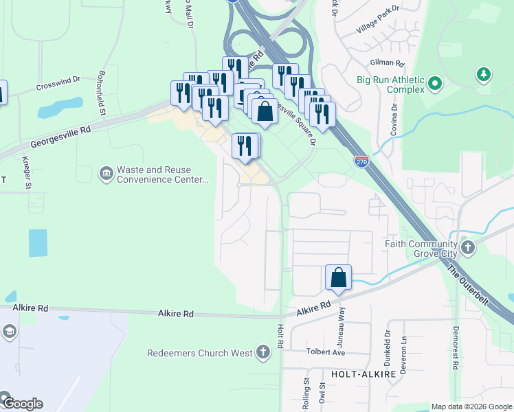 map of restaurants, bars, coffee shops, grocery stores, and more near 1767 Brandigen Lane in Columbus