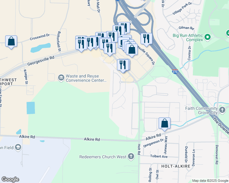 map of restaurants, bars, coffee shops, grocery stores, and more near 1842 Berrancher Drive in Columbus