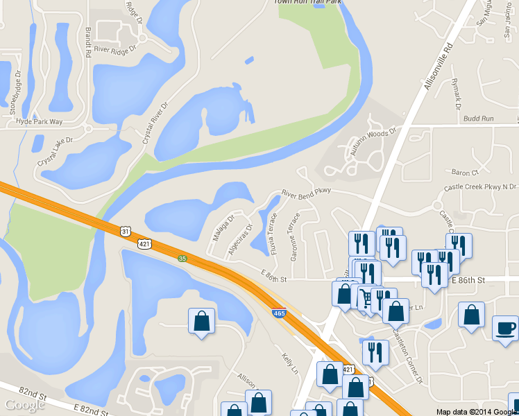 map of restaurants, bars, coffee shops, grocery stores, and more near 5661 East 86th Street in Indianapolis