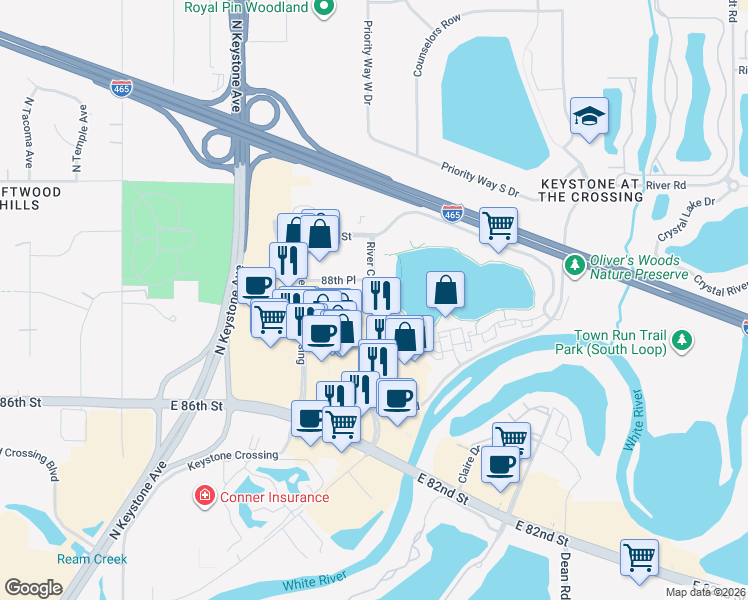 map of restaurants, bars, coffee shops, grocery stores, and more near 8901 River Crossing Boulevard in Indianapolis