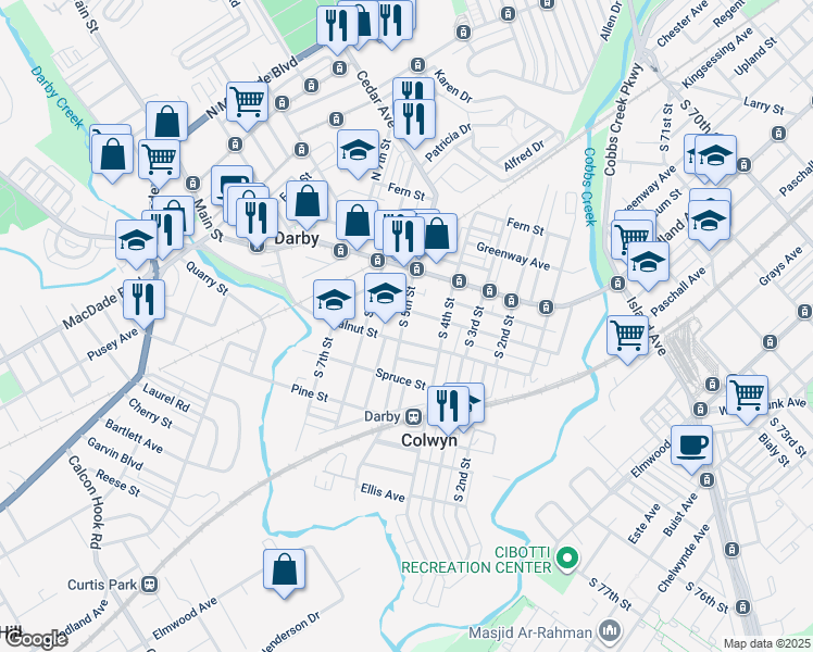 map of restaurants, bars, coffee shops, grocery stores, and more near 113 South 5th Street in Darby