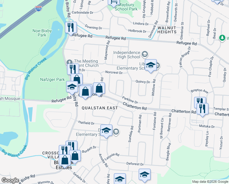 map of restaurants, bars, coffee shops, grocery stores, and more near 2968 Olivette Road in Columbus