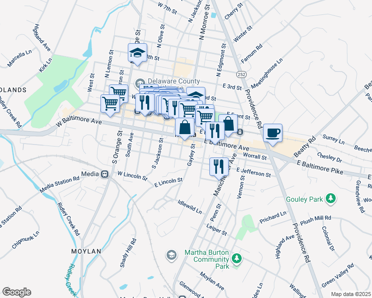 map of restaurants, bars, coffee shops, grocery stores, and more near 106 East Franklin Street in Media