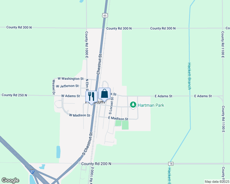 map of restaurants, bars, coffee shops, grocery stores, and more near 200 East Adams Street in Pesotum