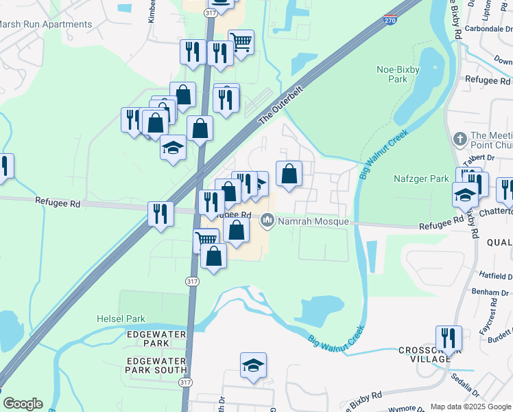 map of restaurants, bars, coffee shops, grocery stores, and more near 4480 Refugee Road in Columbus