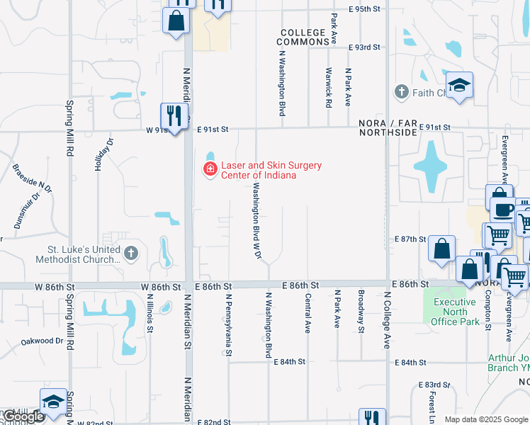 map of restaurants, bars, coffee shops, grocery stores, and more near 8765 Washington Boulevard West Drive in Indianapolis