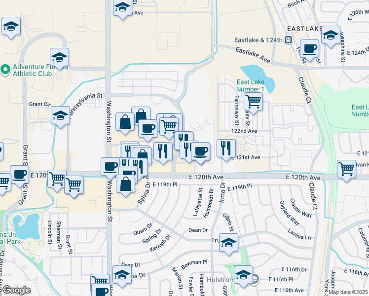 map of restaurants, bars, coffee shops, grocery stores, and more near 1201 East 120th Avenue in Thornton