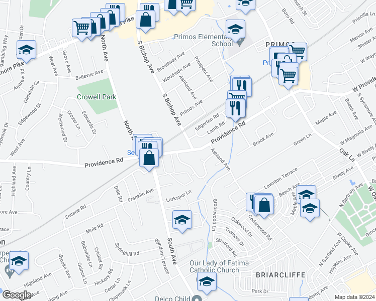map of restaurants, bars, coffee shops, grocery stores, and more near Providence Road in Clifton Heights