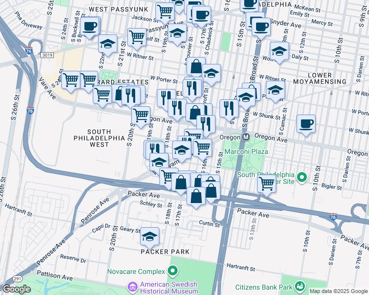 map of restaurants, bars, coffee shops, grocery stores, and more near 2808 South 17th Street in Philadelphia