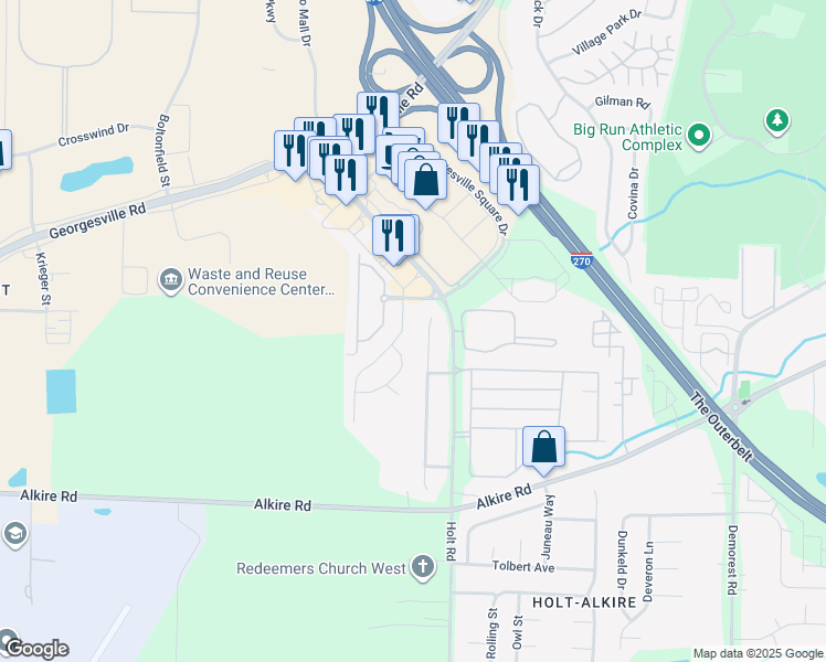 map of restaurants, bars, coffee shops, grocery stores, and more near 1767 Brandigen Lane in Columbus