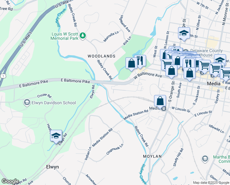 map of restaurants, bars, coffee shops, grocery stores, and more near 7 Hilltop Road in Media