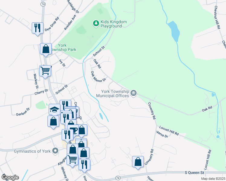 map of restaurants, bars, coffee shops, grocery stores, and more near 152 Oak Ridge Lane in Dallastown