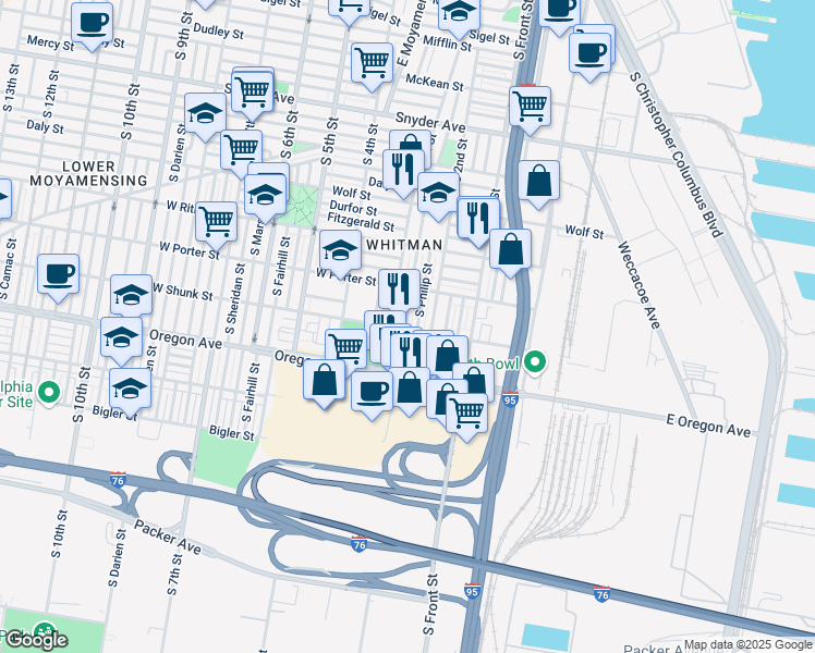 map of restaurants, bars, coffee shops, grocery stores, and more near 2555 South American Street in Philadelphia