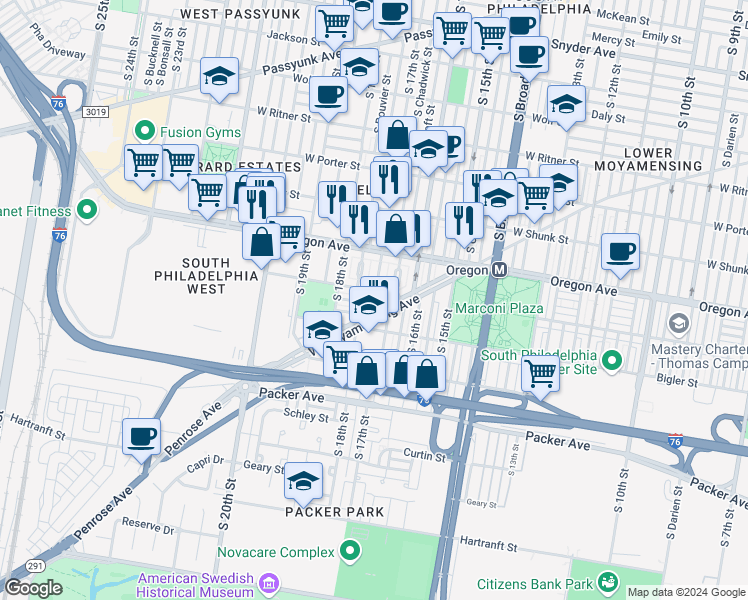 map of restaurants, bars, coffee shops, grocery stores, and more near 2808 South 17th Street in Philadelphia
