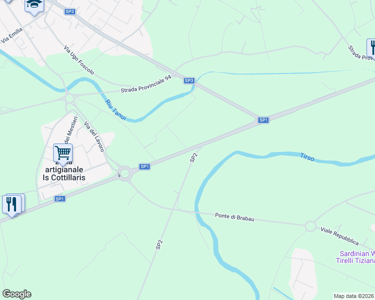map of restaurants, bars, coffee shops, grocery stores, and more near SP1 in Provincia di Oristano