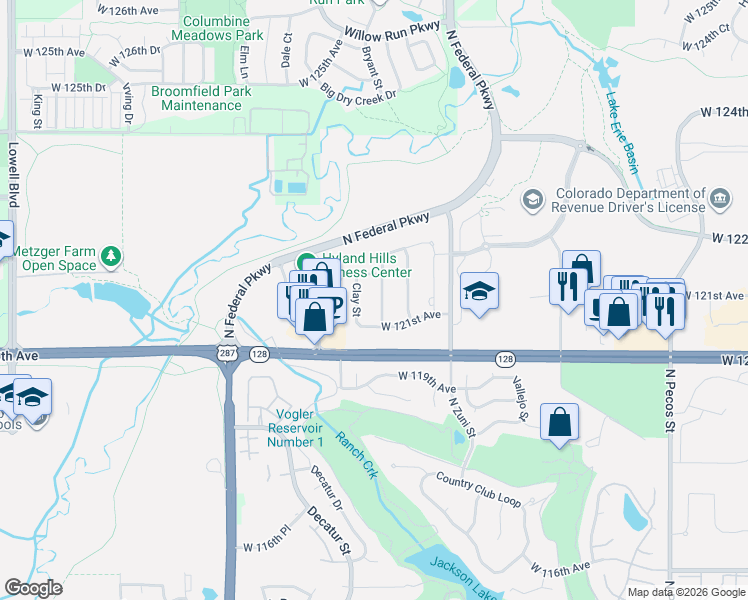 map of restaurants, bars, coffee shops, grocery stores, and more near 12134 Clay Street in Westminster