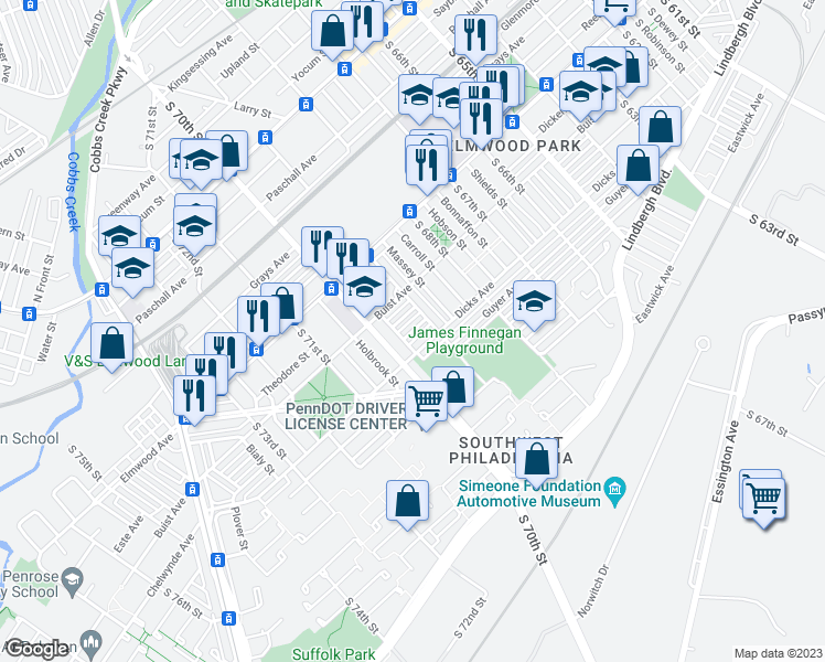 map of restaurants, bars, coffee shops, grocery stores, and more near 6921 Chelwynde Avenue in Philadelphia